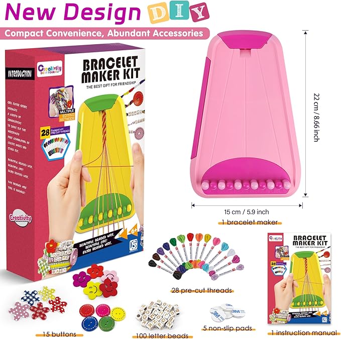 Maynacs Arts and Crafts for Kids Ages 8-12,Friendship Bracelet Making Kit for Girl,Kids Jewelry Making Kit with 28 Pre-Cut Threads,Christmas Birthday Gifts for Ages 6 7 8 9 10 11 12 Year Old Pink