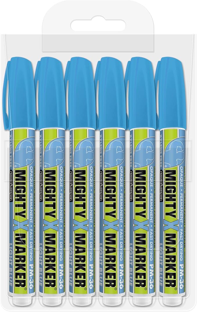 PM-36 Paint Marker, 2.3mm Bullet Tip, Permanent & Waterproof, DIY Crafts, Drawing, Glass, Ceramic, Stone, 6 Bonus Reversible Tips, Made in USA, Fl. Blue 6 Pack