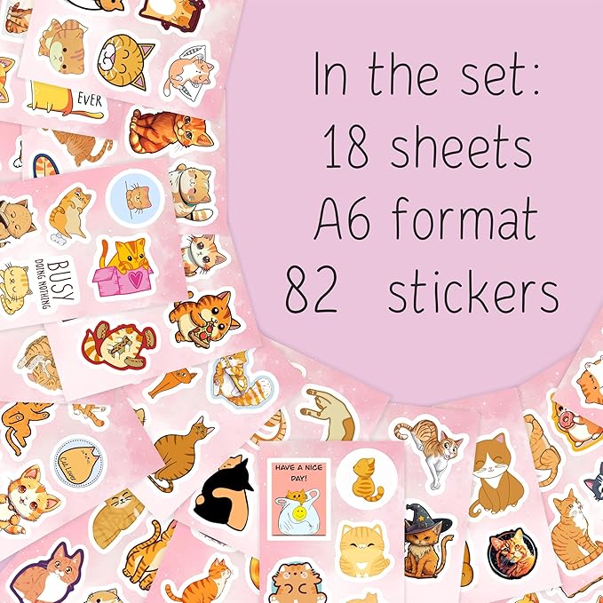 BulbaCraft Orange Cat Stickers for Water Bottle and Laptop - Orange Cat Party Supplies & Decorations, Waterproof Vinyl Decals, Cute Animal and Pet Stickers, Gifts for Women & Men