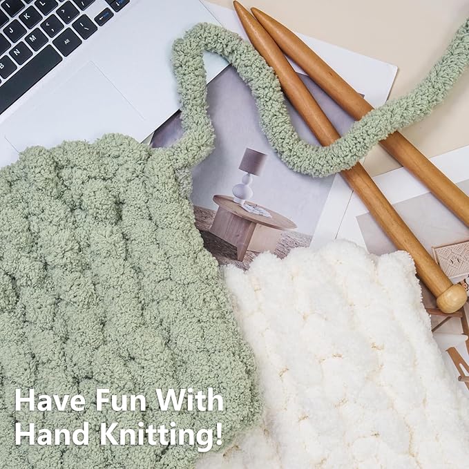 Chunky Yarn for Hand Knitting - #10 Chunky Chenille Yarn, Jumbo Big Thick Chunky Yarns for Crocheting, Super Bulky Chunky Knit Blanket Yarns, 8 Skein (25yd, 8oz/Skein), Cream & Sage