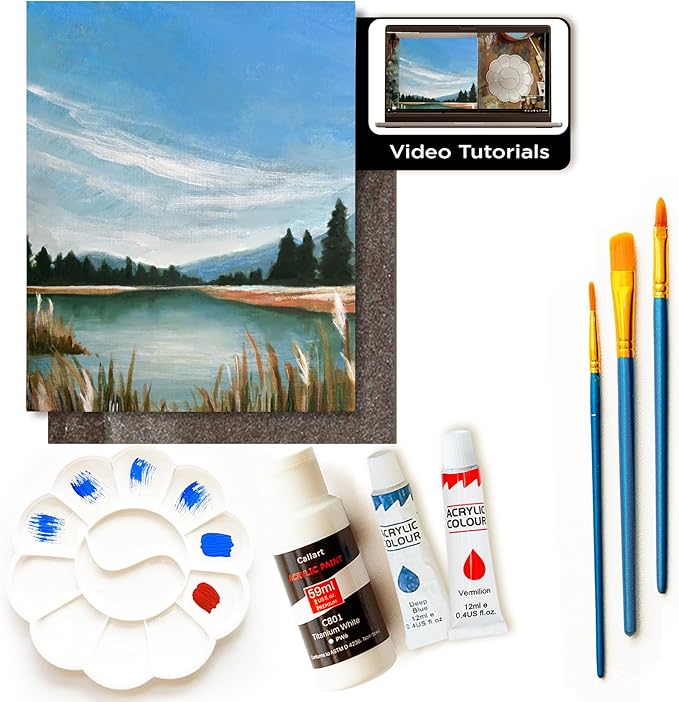 Painting4Real DIY Art Painting Kit for Adults – Learn to Paint Amber Lake with Video Tutorials – 9 Pieces Acrylic Paint Set for Adults –Perfect Christmas Crafts & Holiday Gifts for Art Lovers