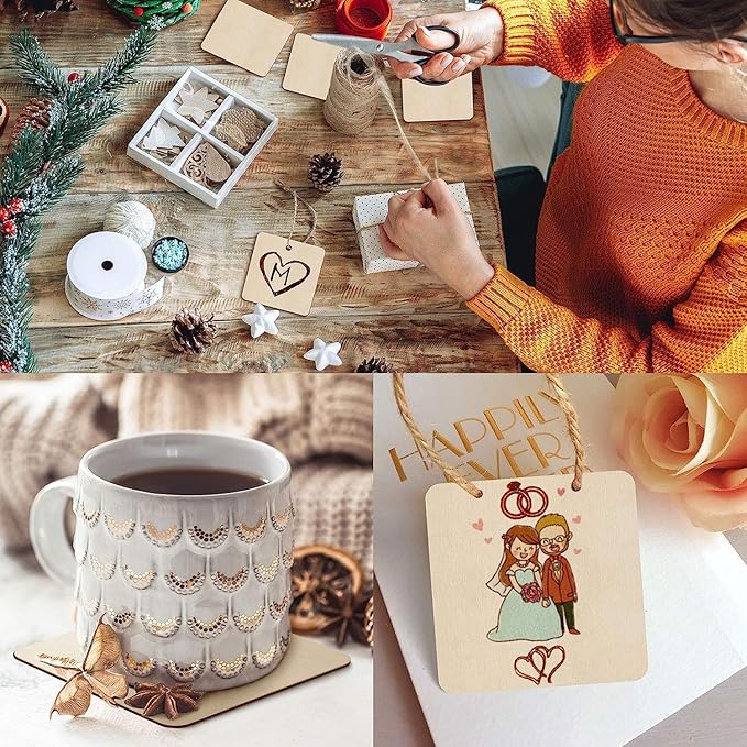 Unfinished Wood Pieces 80 Pcs 3"x3" inch Wood Board Wooden Squares Wooden Cutout Tiles, Rustic Craft Wood for Home Decoration, DIY Supplies