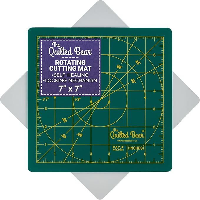 The Quilted Bear Rotating Cutting Mat 7" x 7" - Locking & Rotating Self Healing Cutting Board for Sewing, Fabric & Effortless Quilting - 360 Degree Sewing Supplies Mat for Craft Table (Green)