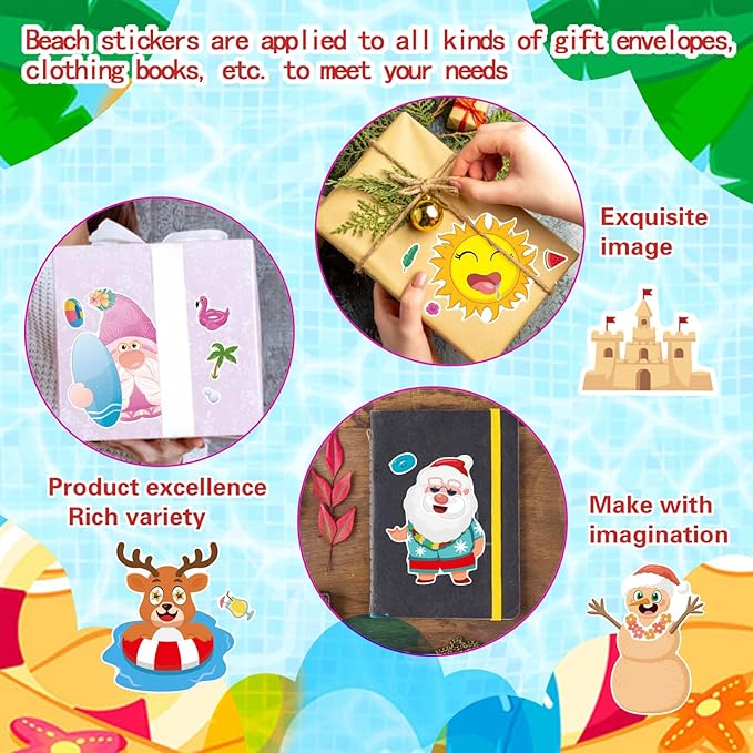 24 PCS Summer Stickers for Kids, July Christmas Make a Face Stickers, Make Your Own Mix and Match Sticker with Santa Claus, Reindeer, Penguin, Polar Bear and Snowman, Hawaii Tropical Beach Sticker