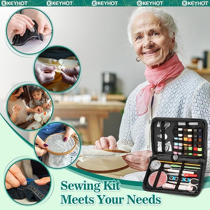 KEYHOT Sewing kit Basic,Needle and Thread Kit,Travel Small Sewing Machine Supplies for Adults Beginners Men, Home Travel Emergency Including Scissors Measure Tape Needle Threader (58pcs)