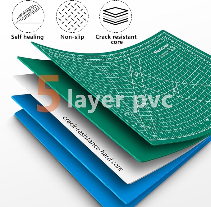 WORKLION Self Healing Cutting Mat - 12 x 18 inch Double Sided 5-layer Gridded Rotary PVC Cutting Board, for Sewing, Quilting, Scrapbooking and Arts & Crafts Projects (5 Pack)