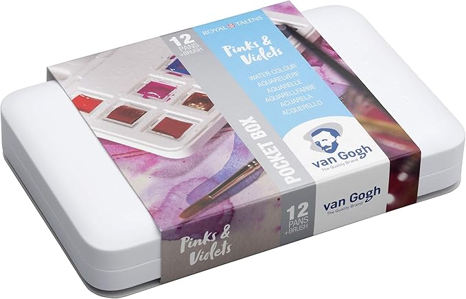 Van Gogh Watercolor Paint Set, Plastic Pocketbox, 12-Half Pan Pinks & Violets Selection