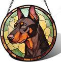 Stained Glass Window Hanging - Funny Dark Brown Doberman Pinscher Suncatcher for Door Terrace Garden Home Decor, Pet Dog Sun Catcher Birthday Gifts for Lovers Women Men Dad Mom Nana 7.8 in