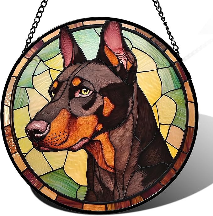 Stained Glass Window Hanging - Funny Dark Brown Doberman Pinscher Suncatcher for Door Terrace Garden Home Decor, Pet Dog Sun Catcher Birthday Gifts for Lovers Women Men Dad Mom Nana 7.8 in