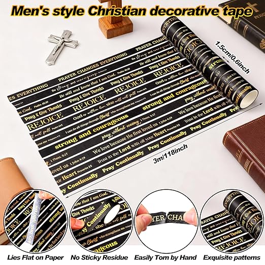 Janlaugh 24 Rolls Christian Washi Tape for Bible Journaling Gifts Bulk Religious Inspirational Scripture Supplies Black Bible Verse Washi Tape for Study Crafting New Year DIY Gifts