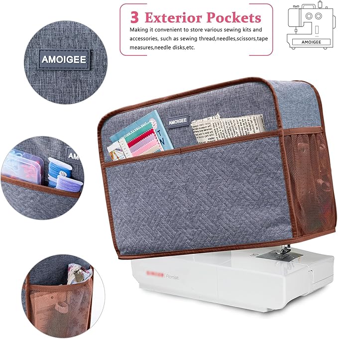 AMOIGEE Sewing Machine Cover for Brother, Singer, Janome – Quilted Dust Cover with Storage Pockets, Padded Protective Sewing Machine Case Fits Most Standard Sewing Machines (17" x 7" x 12")