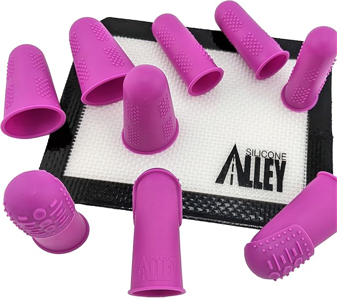 FLEX Thimbles | 9-Pack | 3X-Thick THIK-TIP Medium (3) + Standard Purple Finger Protectors 1x Thick - Small (3) and Large (3) | Mat (1) | Set of Large Eye Sewing Needles (1)