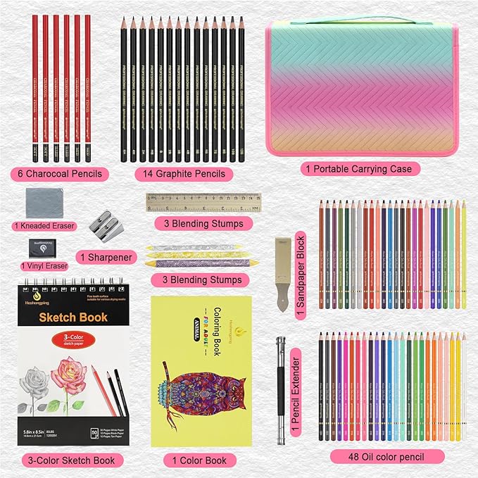 80pcs Drawing Kit Sketching Set Art Sketch Supplies Coloring pencils Kit 48 Colored pencil,14 Graphit, 6 Charcoal, 50 Page 3-Color sketckbook coloring book Portable Case ect. Beginners Artists Adults