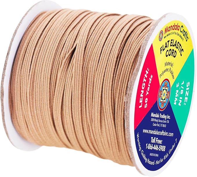 Mandala Crafts 3mm 50 Yds Roll of Nude Elastic Bands for Sewing - 1/8 Flat Elastics Cord - 1 8 Inch Braided Stretch Straps for Crafting