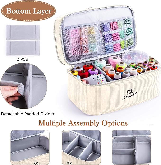 AMOIGEE Double-Layer Sewing Accessories Organizer with Pin Cushion – Large Sewing Storage Bag for Thread, Notions & Tools – Portable Travel Sewing Tote for Quilting, Embroidery & Crafts Gift (BagOnly)