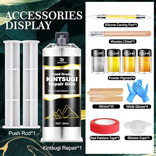 Kintsugi Repair Kit, Upgraded Food Safe Gold & Silver Kintsugi Kit for Broken Ceramics Kintsugi Gold Glue, Ceramic Glue for Pottery, Fast Curing Ceramic Repair Resin for Bowls, Cups, Vases, Saucers
