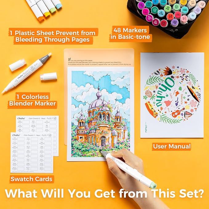 Ohuhu Alcohol Markers Brush and Soft Chisel: AP Certificated 48-color Dual Tips Drawing Markers for Artists Beginners Adults Cozy Coloring Illustration Sketching - Honolulu S - Refillable