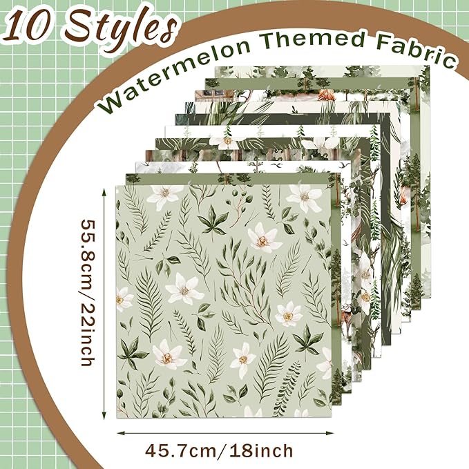 Hahafelt 10 Pcs Watercolor Forest Quilt Fabric Bundles 18 x 22 Inch Vintage Green Christmas Tree Flower Deer Fat Quarter Xmas Rustic Quilting Patchwork for DIY Handmade Sewing Crafting