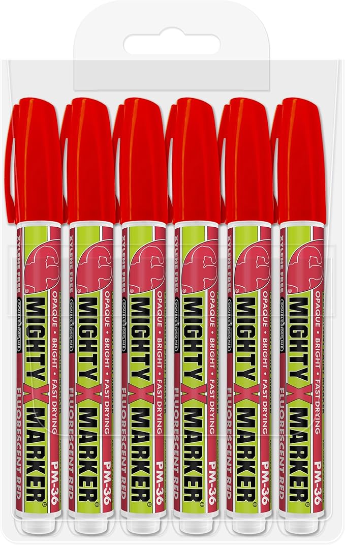 PM-36 Paint Marker, 2.3mm Bullet Tip, Permanent & Waterproof, DIY Crafts, Drawing, Glass, Ceramic, Stone, 6 Bonus Reversible Tips, Made in USA, Fl. Red 6 Pack