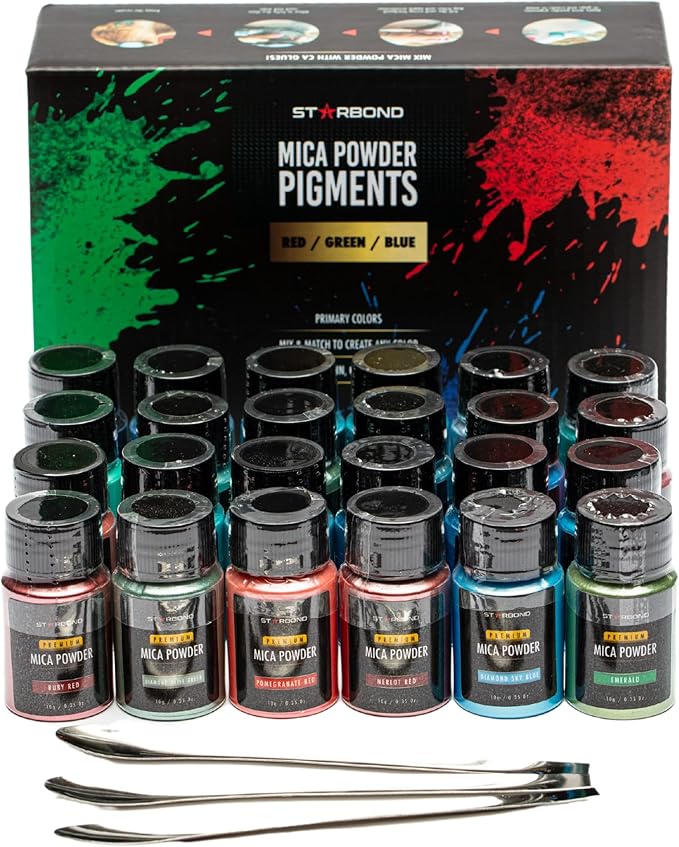 Starbond 24-Color Mica Powder Set — Natural, Irritant-Free Pigments (10g Bottles) — Featuring Vibrant 5 Reds, 7 Greens & 11 Blue Tones — for Resin Art, Wood Inlays, DIY, Soap & Candle Making