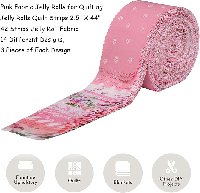 Pink Jelly Rolls for Quilting Clearance, 42 Strip 2.5" x 44" Jelly Roll Fabric clearance, Soft Cotton Strips for Blanket, Rug, Upholstery, Holiday Valentine's Party Decor, Home Décor, and Crafts, Pink