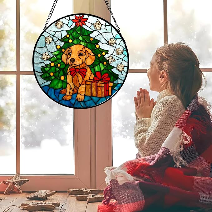 Stained Glass Window Hanging Green Christmas Tree Snowflake Dog 6.3" - Suncatcher Door Garden Sun Catcher Xmas Holiday Decor Birthday for Mom Men Woman Friend Nana