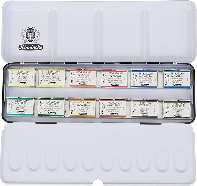 Schmincke - HORADAM AQUARELL color box with 12 finest watercolors, 74312097, metal box, painting set, 12 x 1/1 pans
