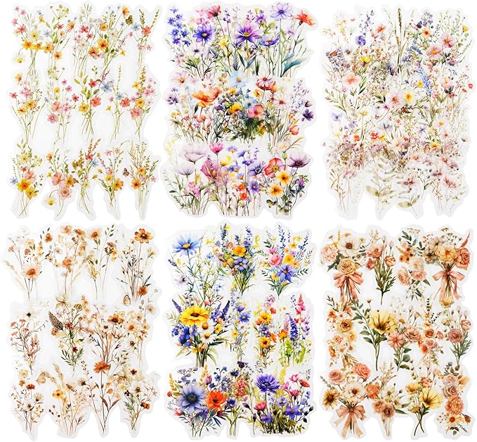 90PCS Floral PET Stickers, Botanical Flower Scrapbook Stickers for Journaling, DIY Crafts and Planner Decoration, Transparent Waterproof Junk Journal Supplies