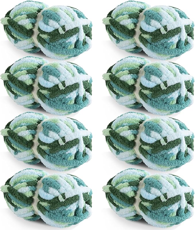 HOMBYS 8 Pack Giant Chunky Yarn for Crocheting,Super Bulky Large Soft Fluffy Yarn,Tie Dye Plush Fuzzy Yarn,Mixed Color Thick Chenille Yarn for Hand Knitting/Arm Knitting (Mint, Teal, Green)