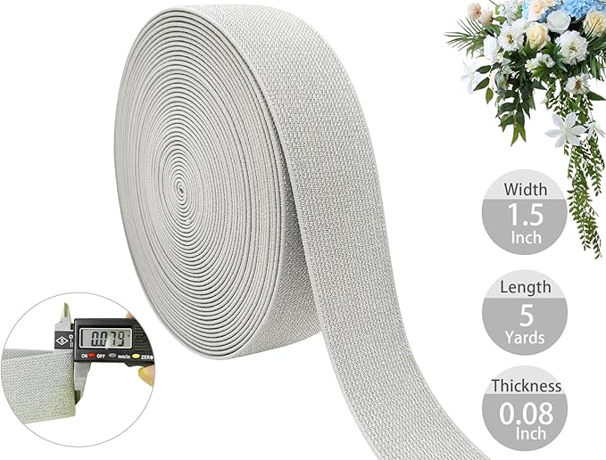 1.5 inch Silver White Glitter Knit Elastic Band for Sewing 5 Yards Metallic Gold Ribbon Trims Spool Non-Slip Heavy Elastic Stretchy Strap for Pants Waistband-Wigs-Skirts-Craft Projects