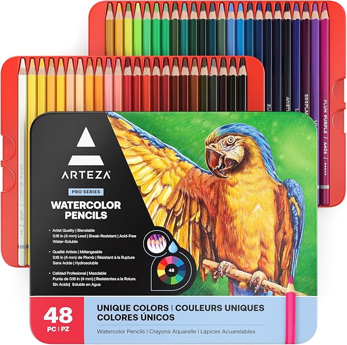 Arteza Watercolor Pencils, 48 Colored Drawing Pencils for Artists, Water Color Pencils in Tin Box, Art Supplies for Coloring, Blending and Layering