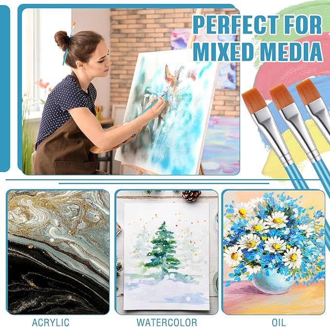 Zonon 30 Pieces Paint Brushes Bulk Small Flat Top Acrylic Oil Paint Brush for Artists Mini Touch up Crafts Detail Painting(1/2 Inch,Blue)