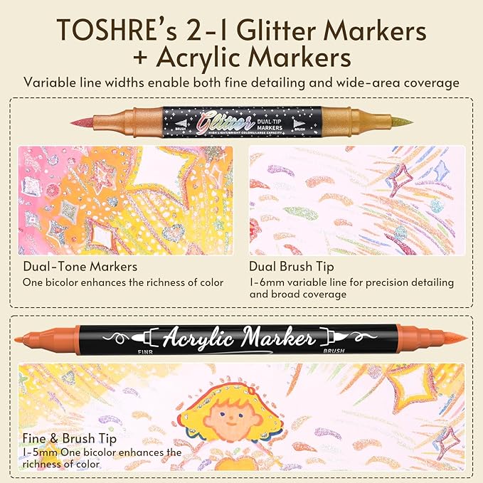 TOSAHRE 72 Colors 48 Pack Dual Tip Glitter Markers & Acrylic Marker Set Shimmer Glitter Marker 24 Pack(48 Colors)+Paint Pens 24 Pack Adult Coloring Marker for Chriatmas Gifts Art Crafts Party Supplies