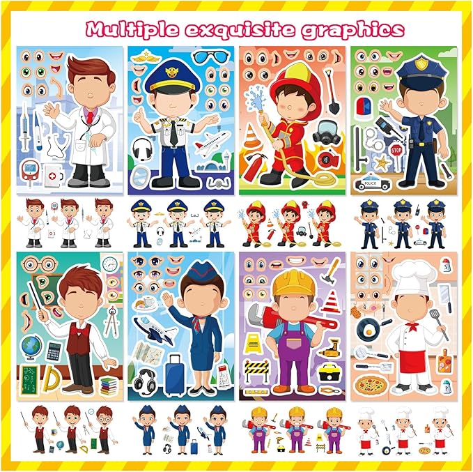 DUJAA 24 Sheets Occupation Post Stickers, Educational Stickers for Kids, Firefighter Doctor Policeman Chef Teacher, Color, Paper, Cartoon, Rectangular, Indoor/Outdoor, 24 Count