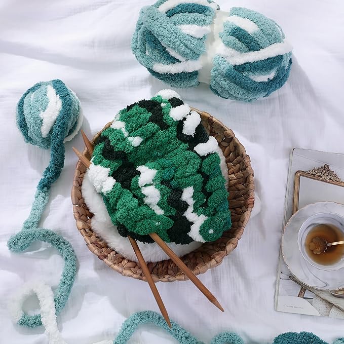 Hombys 8 Pack Giant Chunky Yarn for Crocheting & Knitting, Super Bulky Soft Fluffy Tie Dye Plush Fuzzy Mixed Color Thick Chenille Yarn (Blue Multi, White)