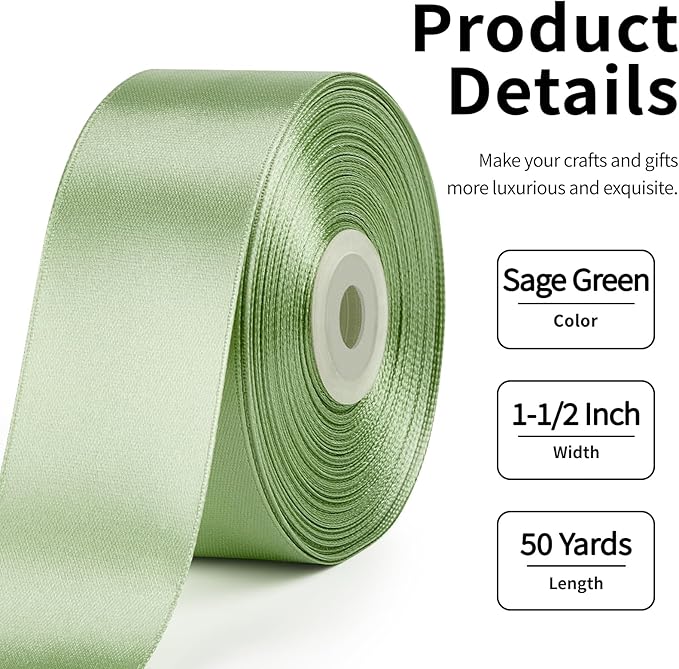 1-1/2 Inch Wide Sage Green Satin Ribbon, 50 Yards Solid Polyester Fabric Ribbon for Roses Making, Gift Wrapping, Valentine's Day, Wedding Decorations, Crafts, Bows