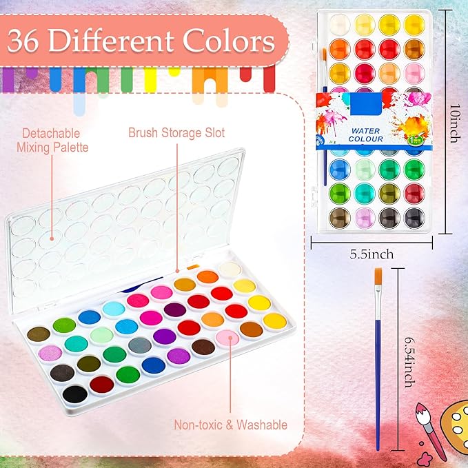 Nuanchu Christmas Gifts Bulk Watercolor Paint Washable Watercolor Paint Kits Palette and Brushes Portable Water Color Supplies for Adults, Beginners Artists Valentine Gift(6 Pack,36 Colors)