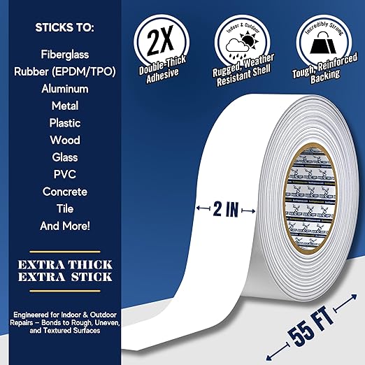 8 Pack Buck RV Roof Sealant Tape – 2 Inch x 55ft, 40 Mil – Waterproof RV Tape for Roof Repair, Seams, Skylights, Vents & Window Leaks on Camper, Trailer & Boat, UV Resistant & Weatherproof, White