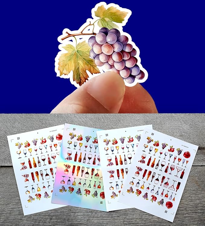 Stickers Pack (Over 150 Stickers) Various Bottles and Glasses of Wine with Berries and Fruits Vintage Styled Small Vinyl Stickers White Holographic Transparent