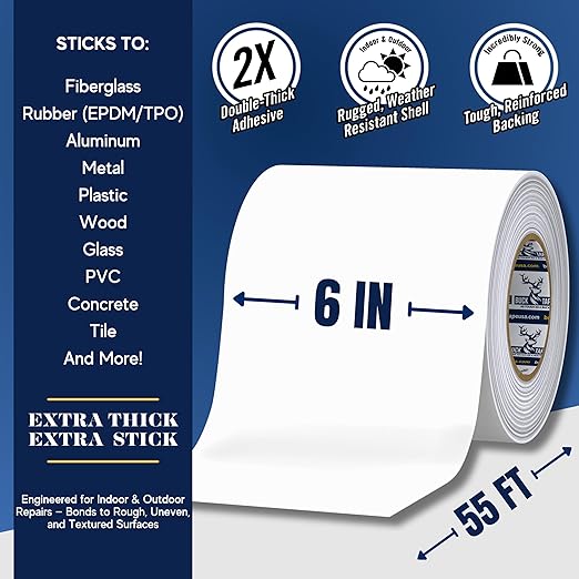Buck RV Roof Sealant Tape – 6 Inch x 55ft, 40 Mil – Waterproof RV Tape for Roof Repair, Seams, Skylights, Vents & Window Leaks on Camper, Trailer & Boat, UV Resistant & Weatherproof, White, 1 Pack