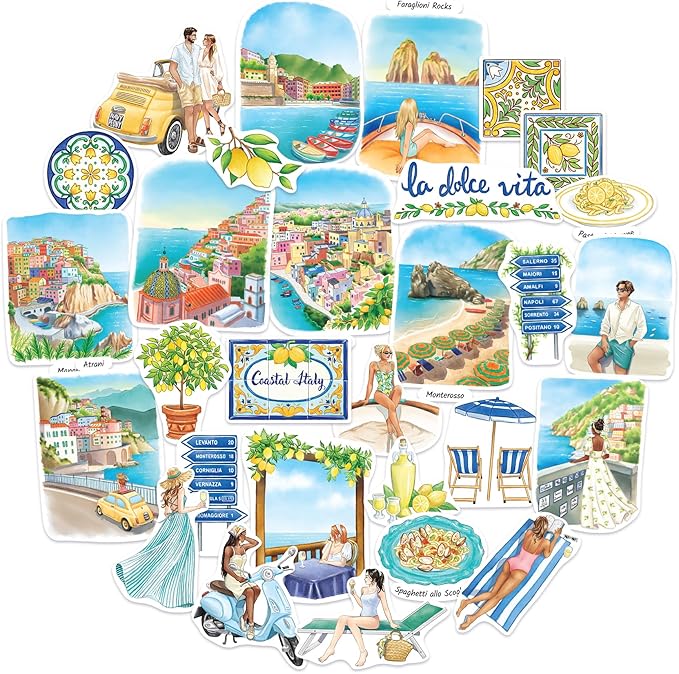 Navy Peony Coastal Italy Statement Stickers - Hand-Illustrated Watercolor, Glossy, Waterproof - for Luggage, Laptops, Water Bottles (28 Pcs)