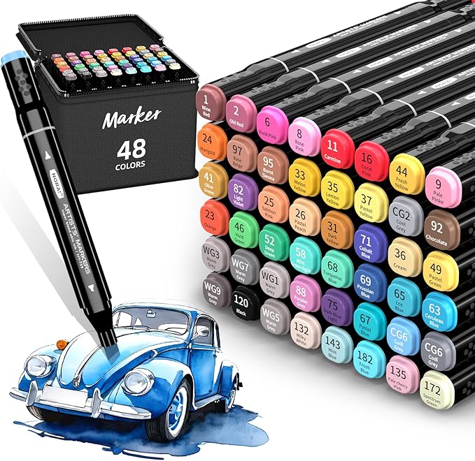 Alcohol Markers, 48 Colors Dual Tip Art Markers for Adult Coloring Books, Drawing, Sketching, Card Making, Very Suitable for Painting Supplies