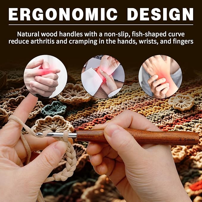 Nitlak 3 Pcs Crochet Hook, 3 Size Aluminum Ergonomic Crochet Hook with Wooden Handle for Arthritic Hands, Beginners, Crochet Needles for Knitting (1.5mm/2.5mm/3.5mm)