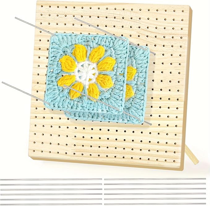HAND U JOURNEY 9 Inch Premium Wooden Crochet Blocking Board - Complete Crochet Accessories Set with 12 Steel Pins - Ideal for Knitting, Granny Squares, and Projects
