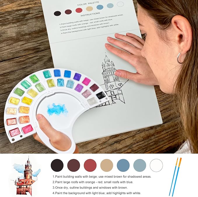 Watercolor Workbook & Water Coloring Book, 13 Pages 300GSM Paper, 26-Color Watercolor Paint Set with Brush & Storage Bag, Beginner-Friendly Coloring Book for Adults — Scenic Architecture Theme