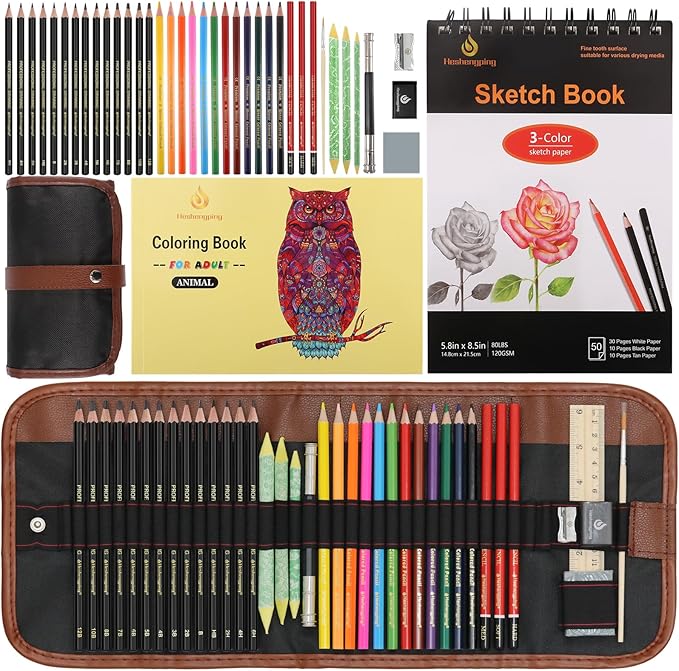 Heshengping, 41pcs Sketching Pencil Set Drawing Sketch Kit Graphite Charcoal Watercolor Pencils Blending Stumps 50page sketchbook, coloring book, Beginners Artist Teens and Adults