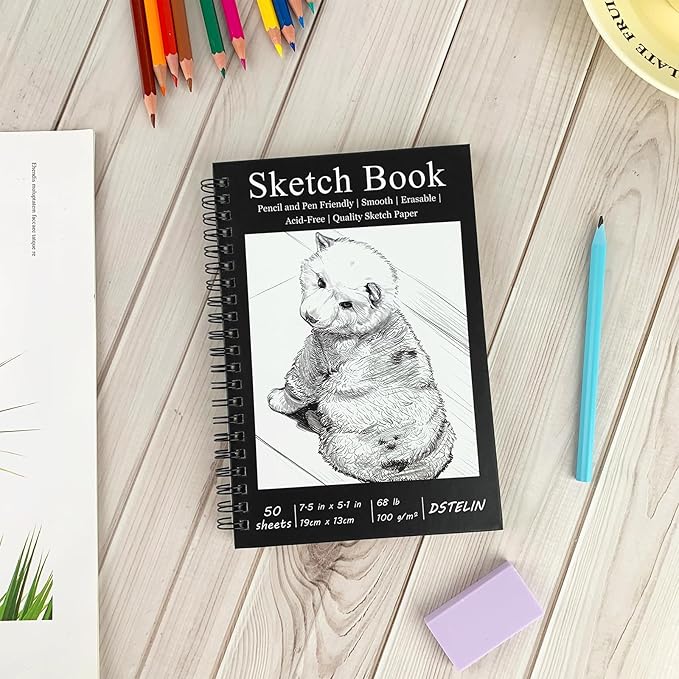 DSTELIN 7.5 x 5.1 Inch Sketch Book, 50 Sheets,100gsm, Spiral Bound Black Hardcover with Dog Cover, Ideal for Sketching and Drawing