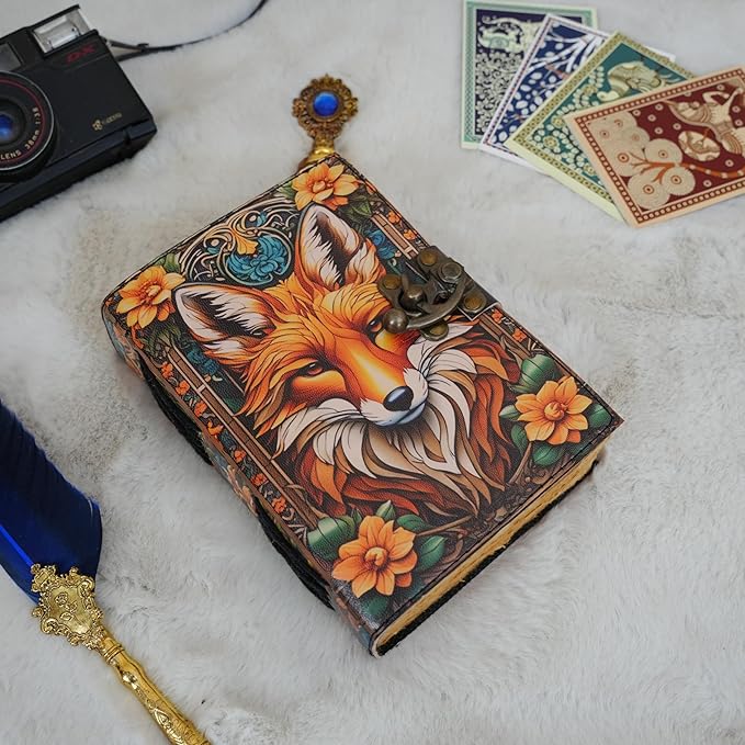 Book of Shadows Fox Print Grimoire Journal Witchcraft Supplies Witch Spell for Men & Women 200 Pages with Lock Clasp Vintage Handmade Deckle Edge Paper, Leather Sketchbook, Gifts