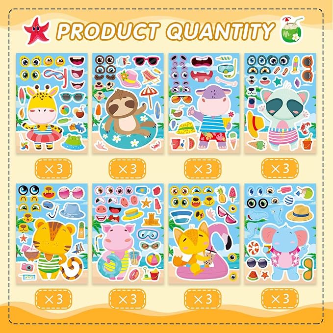 24 Sheets Summer Stickers for Kids Toddlers, Make Your Own Sticker with 8 Designs of Animal Elephants Giraffes Hippos Pigs, Animal Make a Face Stickers for Summer Holiday Party Favors
