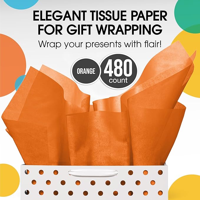 Party Solids Orange Tissue Paper for Gift Bags - 20" X 30" Bulk Tissue Paper Orange 480 Sheets - 10lb Newsprint for Packing, Birthday Gift Box Filler, Packing Supplies for Moving Supplies